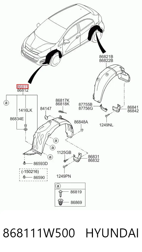 Guardalodos interior izquierdo, guardafango delantero 868111W500 Hyundai/Kia