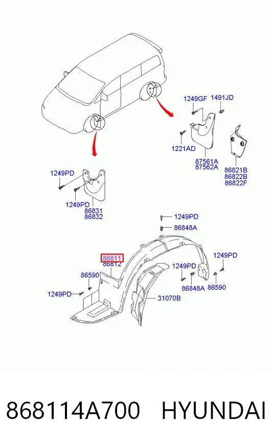 Guardalodos interior izquierdo, guardafango delantero 868114A700 Hyundai/Kia
