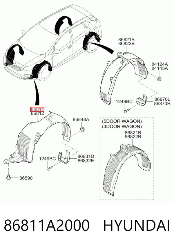 Guardalodos interior izquierdo, guardafango delantero 86811A2000 Hyundai/Kia