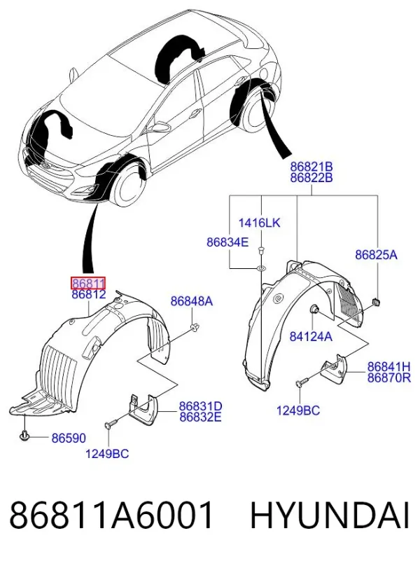 Guardalodos interior izquierdo, guardafango delantero 86811A6001 Hyundai/Kia
