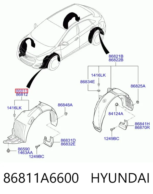 Guardalodos interior izquierdo, guardafango delantero 86811A6600 Hyundai/Kia