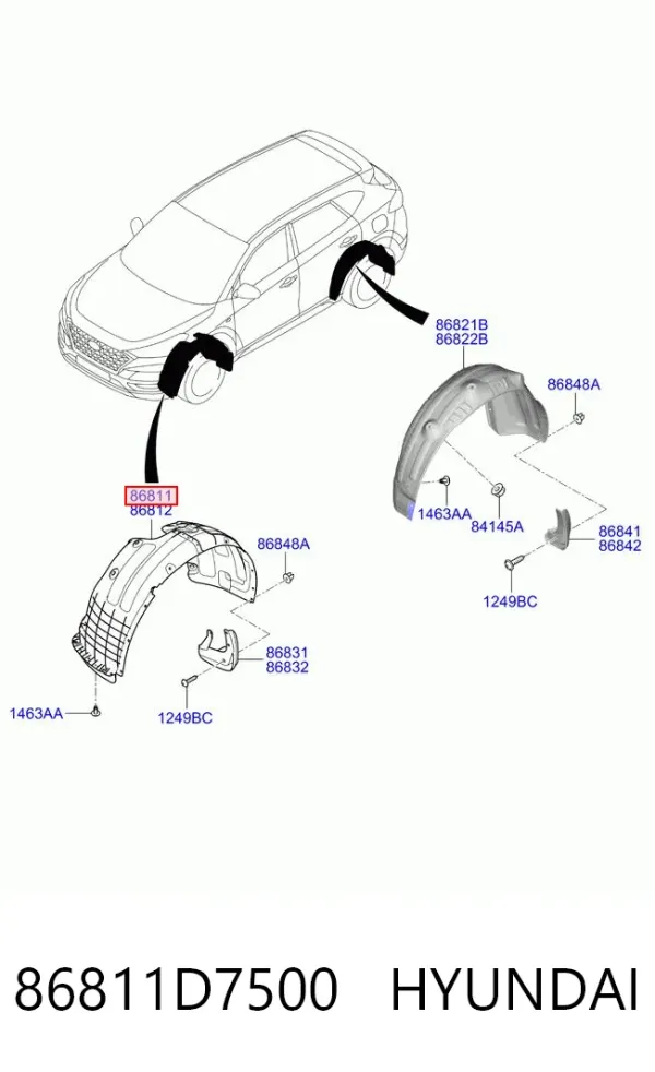 Guardalodos interior izquierdo, guardafango delantero 86811D7500 Hyundai/Kia
