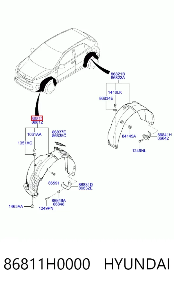Guardalodos interior izquierdo, guardafango delantero 86811H0000 Hyundai/Kia