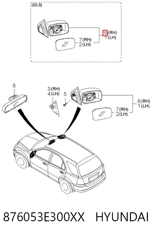 Espejo de retrovisor derecho 876053E300XX Hyundai/Kia