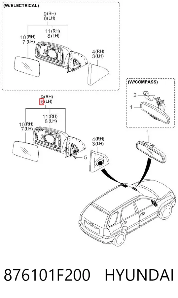Espejo de retrovisor izquierdo 876101F200 Hyundai/Kia
