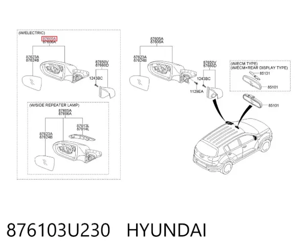 Espejo de retrovisor izquierdo 876103U230 Hyundai/Kia