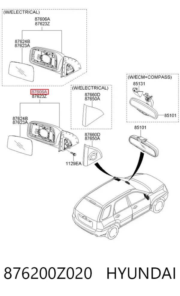 Espejo de retrovisor derecho 876200Z020 Hyundai/Kia