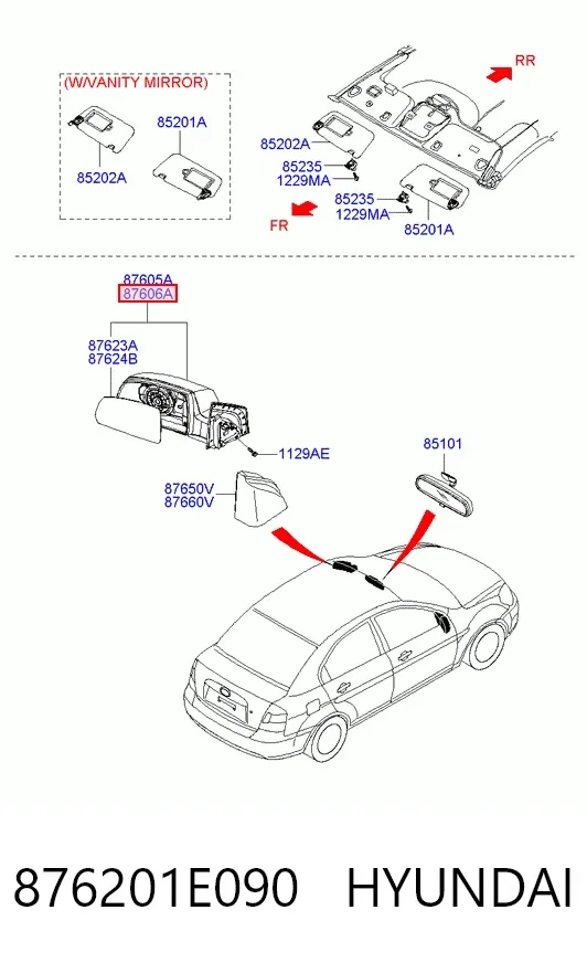 Espejo de retrovisor derecho 876201E090 Hyundai/Kia