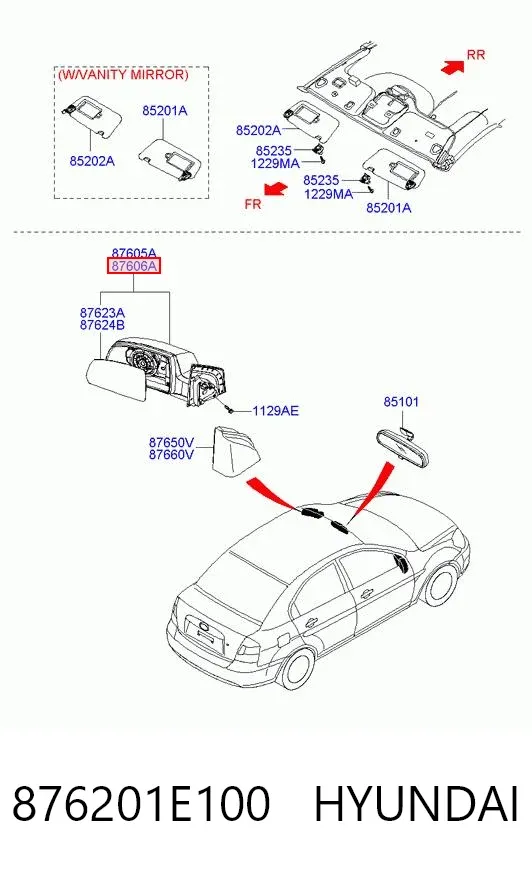 Espejo de retrovisor derecho 876201E100 Hyundai/Kia