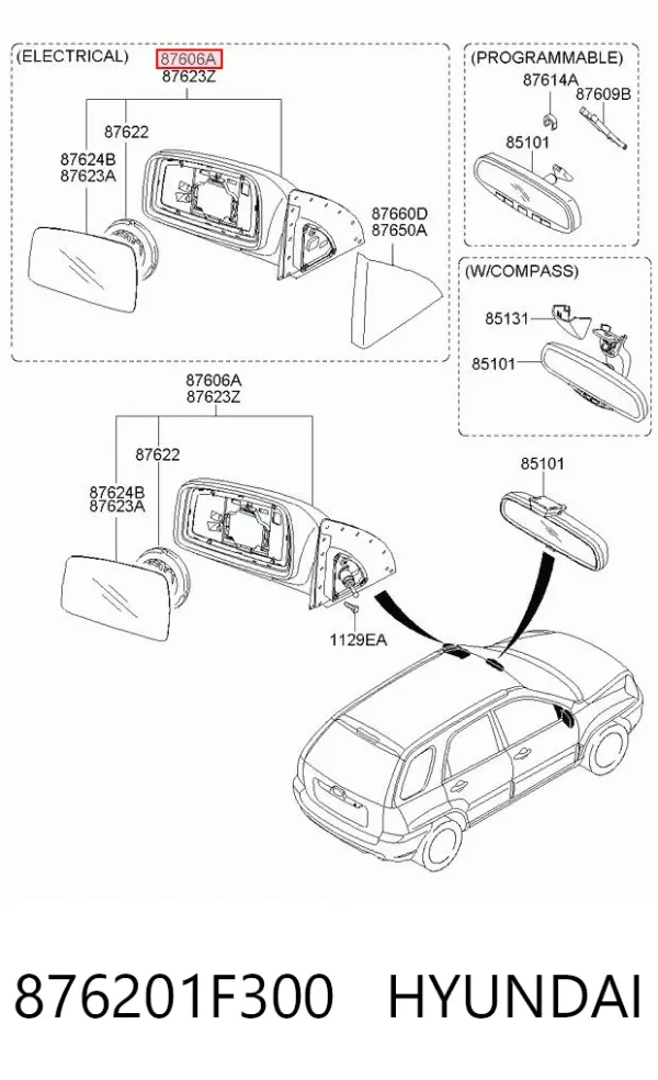 Espejo de retrovisor derecho 876201F300 Hyundai/Kia