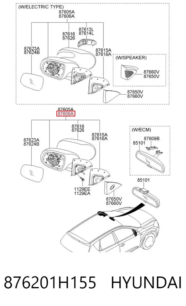 Espejo de retrovisor derecho 876201H155 Hyundai/Kia