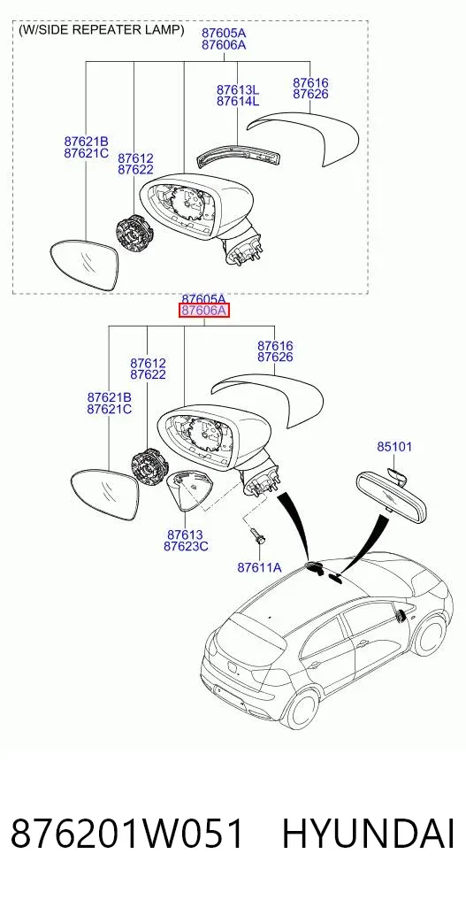Espejo de retrovisor derecho 876201W051 Hyundai/Kia