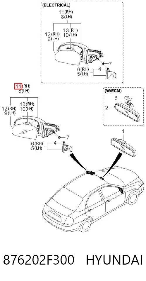 Espejo de retrovisor derecho 876202F300 Hyundai/Kia