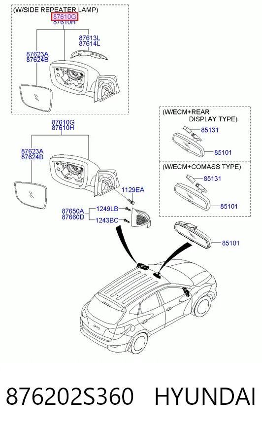 Espejo de retrovisor derecho 876202S360 Hyundai/Kia