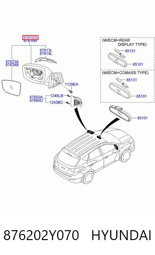 Espejo de retrovisor derecho 876202Y070 Hyundai/Kia
