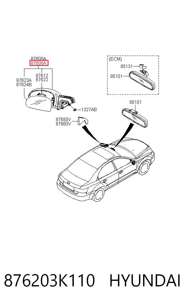 Espejo de retrovisor derecho 876203K110 Hyundai/Kia