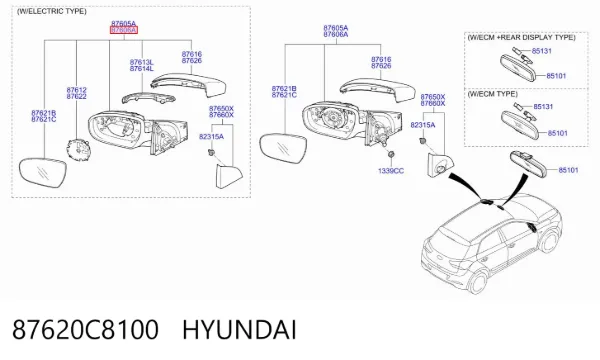 Espejo de retrovisor derecho 87620C8100 Hyundai/Kia