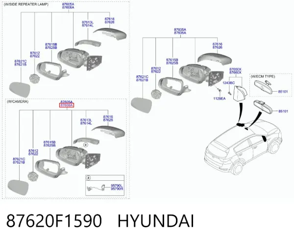 Espejo de retrovisor derecho 87620F1590 Hyundai/Kia