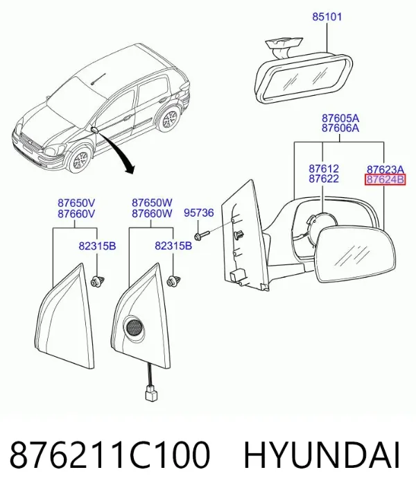 Cristal de espejo retrovisor derecho 876211C100 Hyundai/Kia