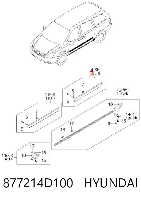Moldura de puerta trasera izquierda 877214D100 Hyundai/Kia