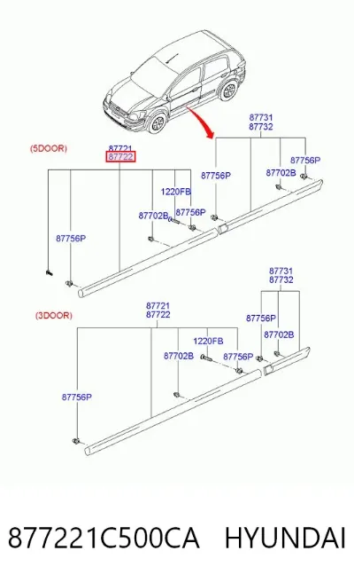 Moldura de puerta delantera derecha HYUNDAI 877221C500CA