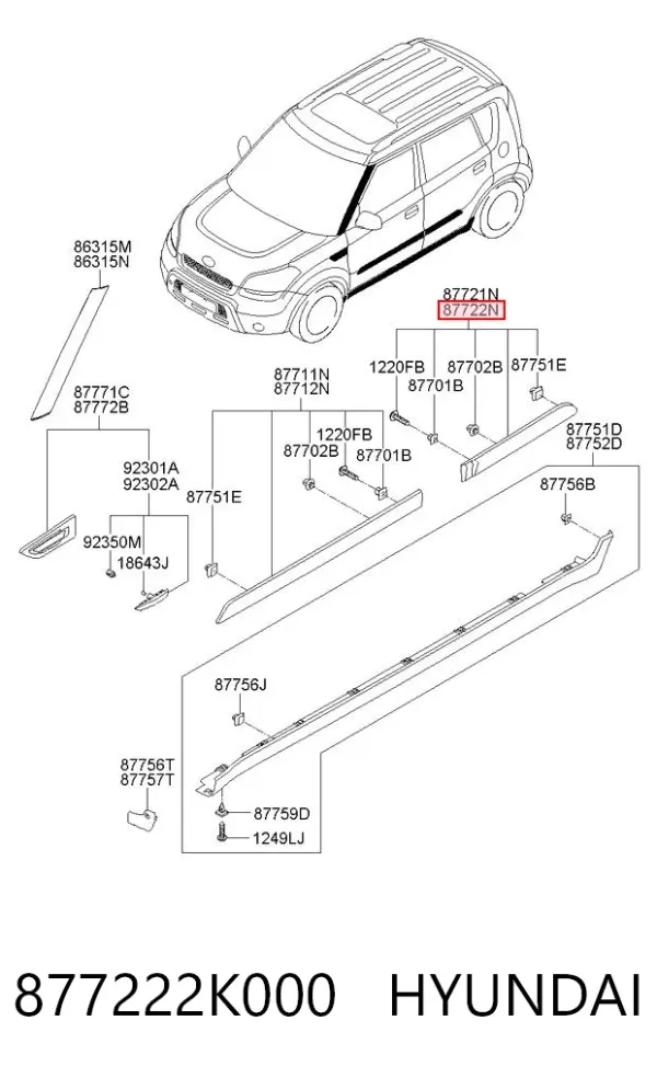 Moldura de puerta trasera derecha 877222K000 Hyundai/Kia