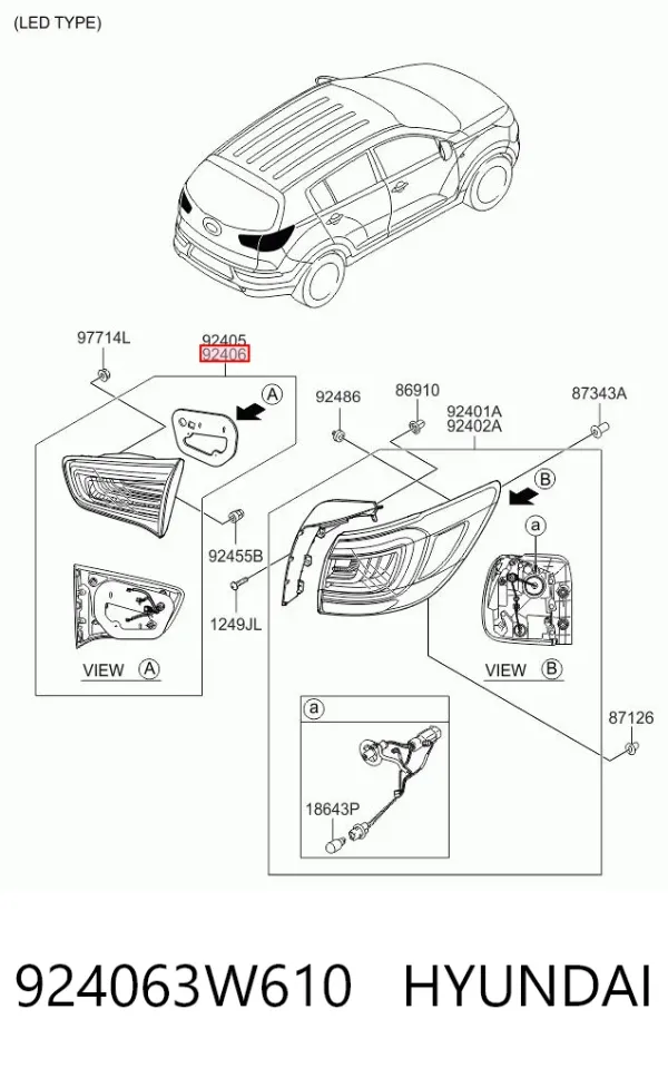 Piloto trasero interior derecho 924063W610 Hyundai/Kia