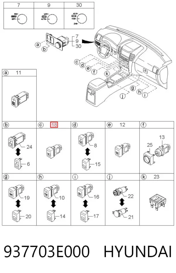 Interruptor de las luces antiniebla 937703E000 Hyundai/Kia