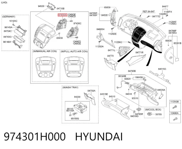 Conducto de aire central del salpicadero 974301H000 Hyundai/Kia