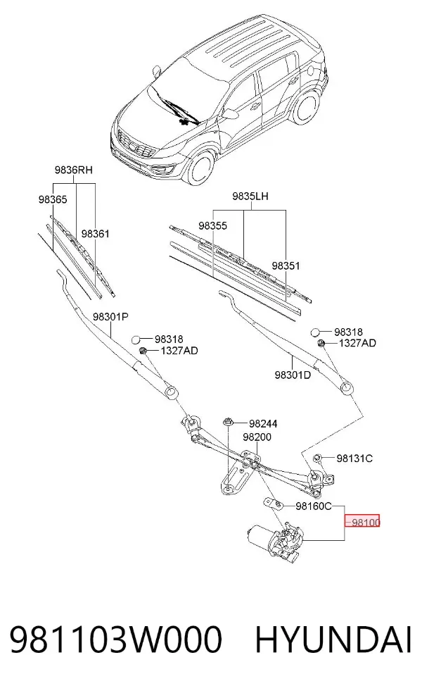 Motor limpiaparabrisas 981103W000 Hyundai/Kia