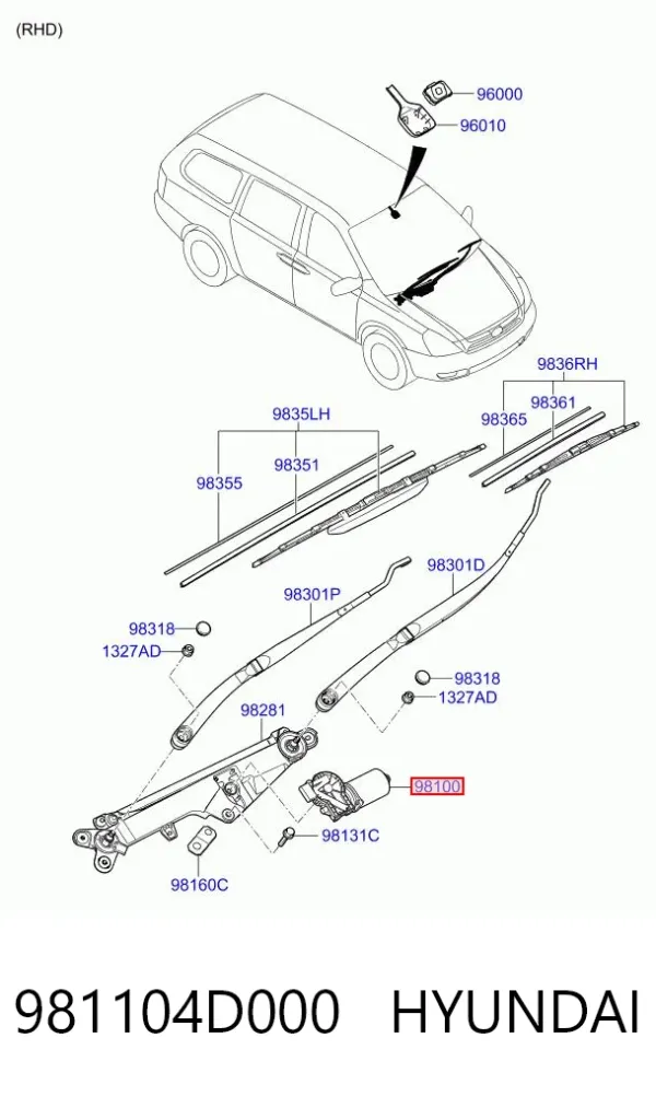 Motor limpiaparabrisas 981104D000 Hyundai/Kia