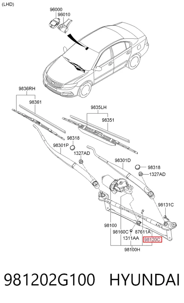 Varilla de limpiaparabrisas 981202G100 Hyundai/Kia