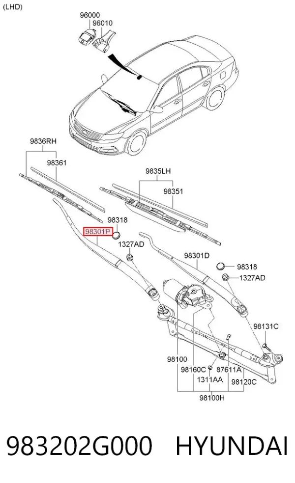 Brazo del limpiaparabrisas 983202G000 Hyundai/Kia