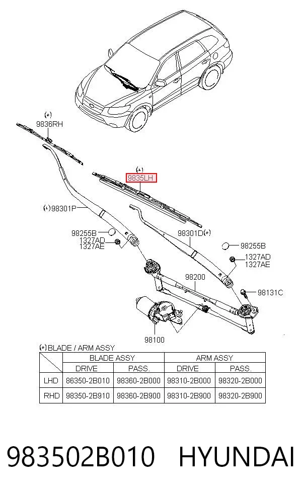 Escobilla del limpiaparabrisas del lado del conductor 983502B010 Hyundai/Kia