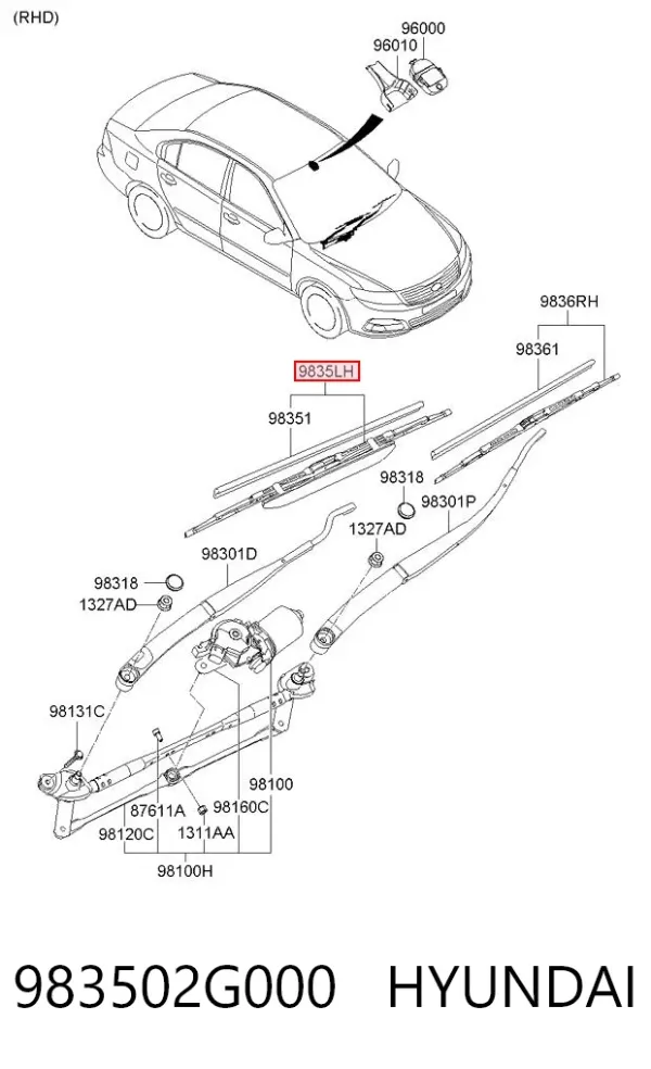 Escobilla del limpiaparabrisas del lado del conductor 983502G000 Hyundai/Kia