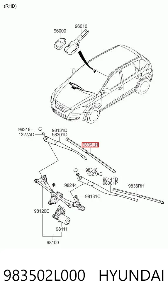 Escobilla del limpiaparabrisas del lado del conductor 983502L000 Hyundai/Kia