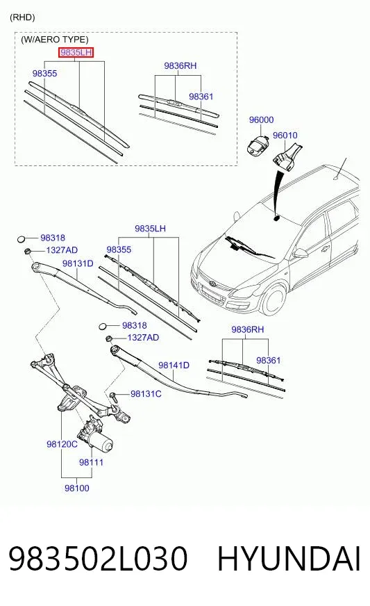 Escobilla del limpiaparabrisas del lado del conductor 983502L030 Hyundai/Kia