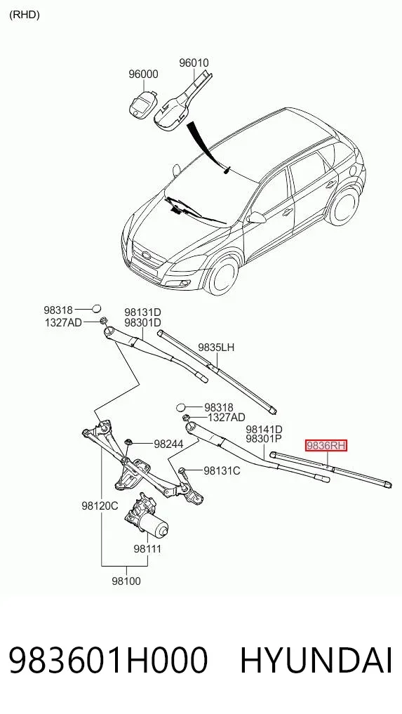 Escobilla del limpiaparabrisas del lado del pasajero 983601H000 Hyundai/Kia