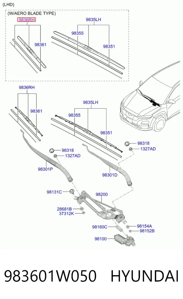 Escobilla del limpiaparabrisas del lado del pasajero 983601W050 Hyundai/Kia