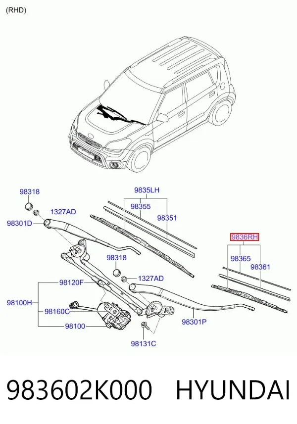Escobilla del limpiaparabrisas del lado del pasajero 983602K000 Hyundai/Kia