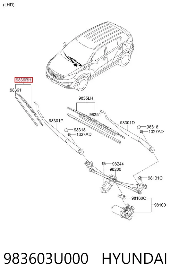 Escobilla del limpiaparabrisas del lado del pasajero 983603U000 Hyundai/Kia