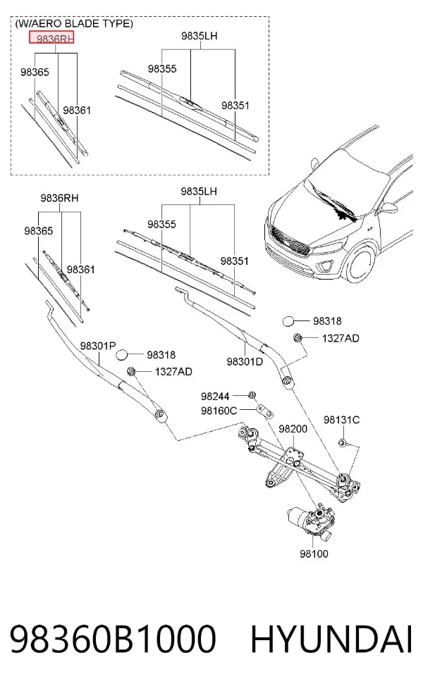 Escobilla del limpiaparabrisas del lado del pasajero 98360B1000 Hyundai/Kia