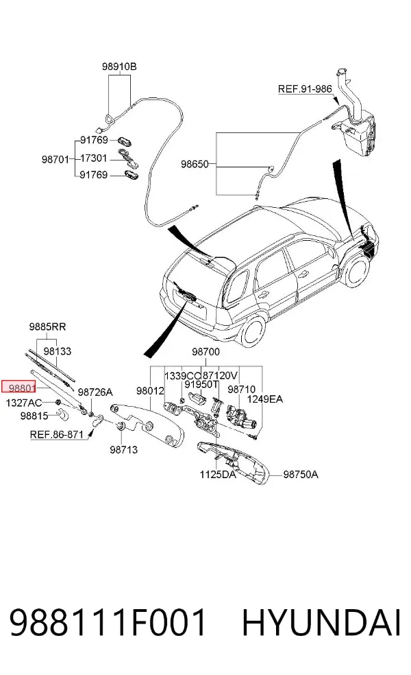 Brazo del limpiaparabrisas, trasero 988111F001 Hyundai/Kia