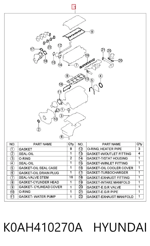 Juego de juntas para motor K0AH410270A Hyundai/Kia