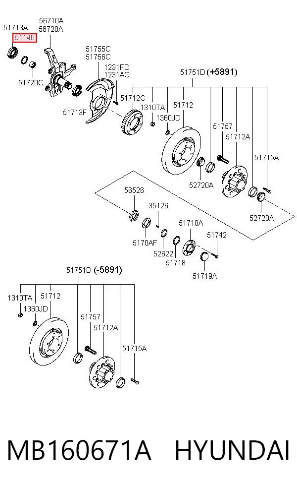 Buje del muñón de dirección delantero MB160671A Hyundai/Kia