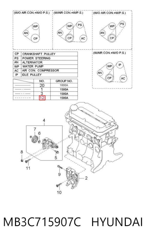 Correa de alternador MB3C715907C Hyundai/Kia