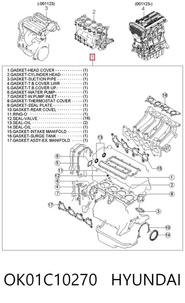 Juego de juntas para motor OK01C10270 Hyundai/Kia