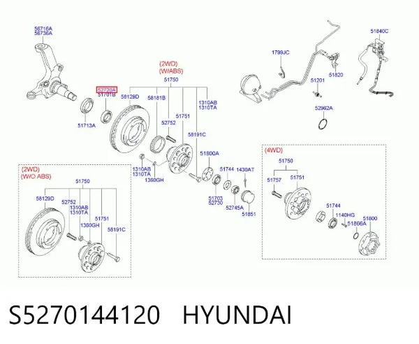 Cojinete interno del cubo de rueda delantera S5270144120 Hyundai/Kia