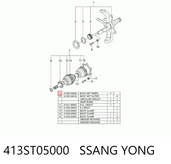 Fuelle de semieje delantero interior 413ST05000 Ssang Yong