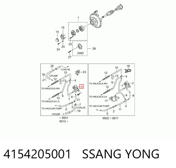 Válvula de vacío de acoplamiento del eje delantero 4154205001 Ssang Yong